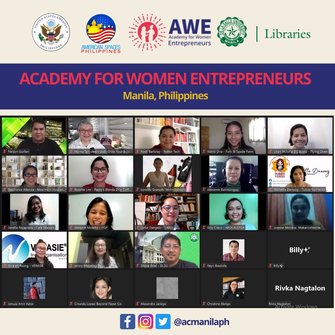 ACManilaPH's tweet photo. Special thanks to our AWE facilitators, mentors, and judges who chose to spend their Saturday morning with our promising Filipina entrepreneurs.
#AWEinPhilippines
#ACManila
#DLSULibraries
@USEmbassyPH
@DLSUManila
@AmericanSpaces
@LORA_DLSULib https://t.co/DTOo1s1Bu2