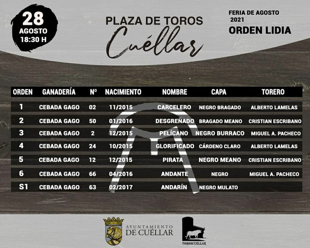 🐃 ORDEN DE LIDIA 🐃

Orden de lidia para la corrida de hoy, sábado 28 de agosto , a las 18:30h en la Plaza de toros de <a href="/aytocuellar/">Ayuntamiento de Cuéllar</a>

¡Os esperamos!
