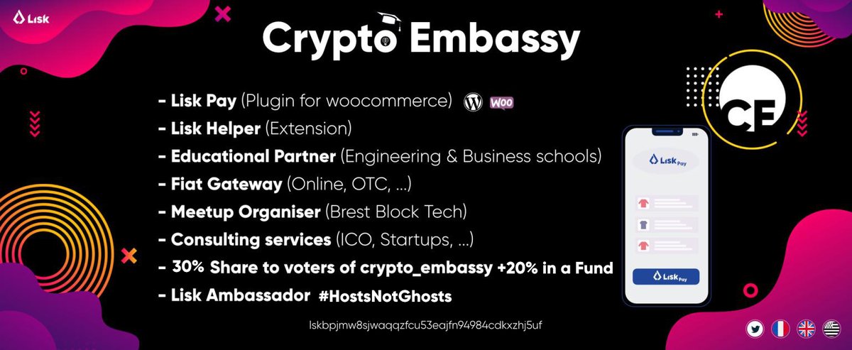 CryptoEmbassyFR's tweet photo. #Lisk $lsk v3 is here so please consider voting for your favorite delegates

- Lisk Pay, Plugin for #WooCommerce
- Educational Partner
- Fiat Gateway
- Meetup Organiser
- Consulting services
- 30% Share to voters of crypto_embassy
- 20%Share to fund new projects in the community https://t.co/ihjn1Fsgdg
