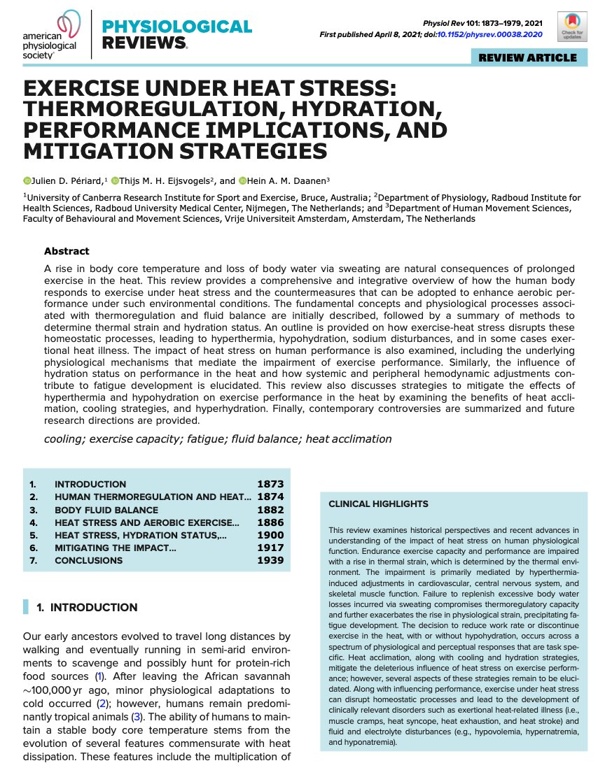 DrJPeriard's tweet image. Great to see our review on Exercise under heat stress: thermoregulation, hydration, performance implications, and mitigation strategies in @physiolrev journal format! 
OPEN ACCESS at journals.physiology.org/doi/full/10.11…