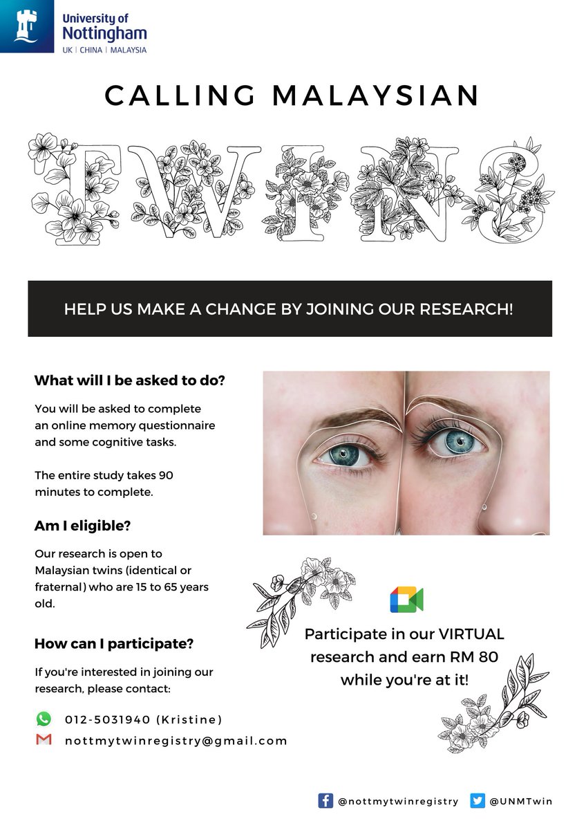 UNMTwin's tweet photo. Are you a twin AND stuck at home during the lockdown? Wondering what to do with all that free time? Well, you can participate in our ONLINE research and earn RM 80 while you're at it!

Click on the flyer for more information ✨ https://t.co/NtWy6yN1a2