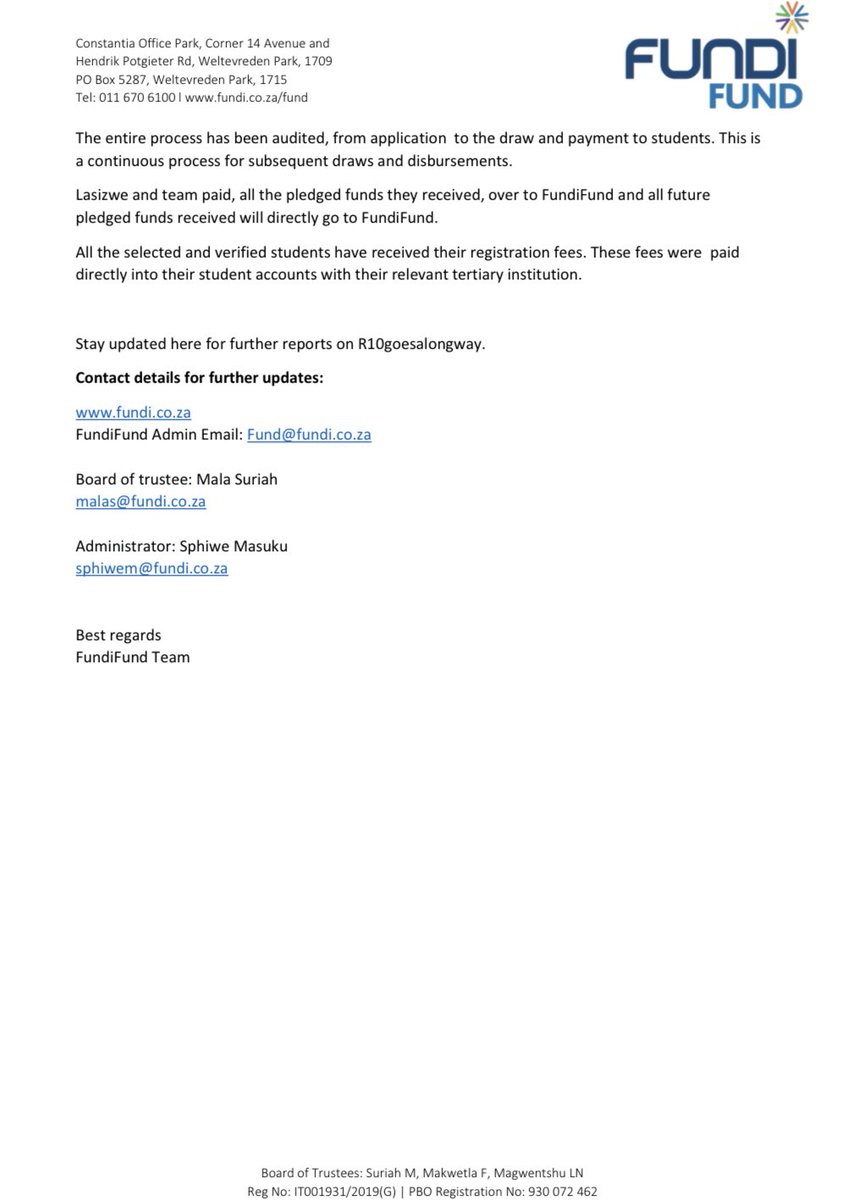 STATEMENT: 

FundiFund says around R2,2-million was pledged to #R10GoesALongWay

Around half (R1,07-million) received 

106 students’ registration has been paid

R530K has been paid out already

R542K balance on the received pledges is being processed 

Read exact figures below
