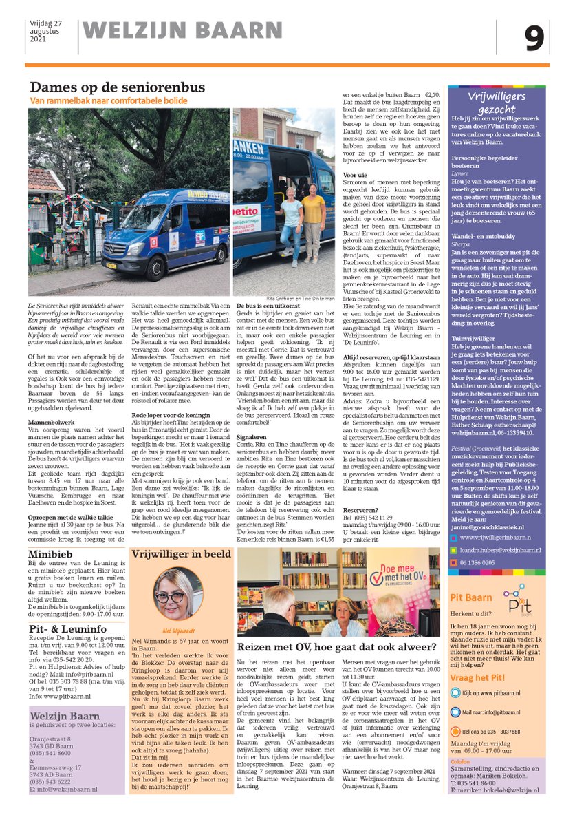 Dames op de Seniorenbus? Hoe leuk is dat! Lees het snel in de Baarnsche Courant van 27 augustus. Via onze website ook digitaal te lezen!