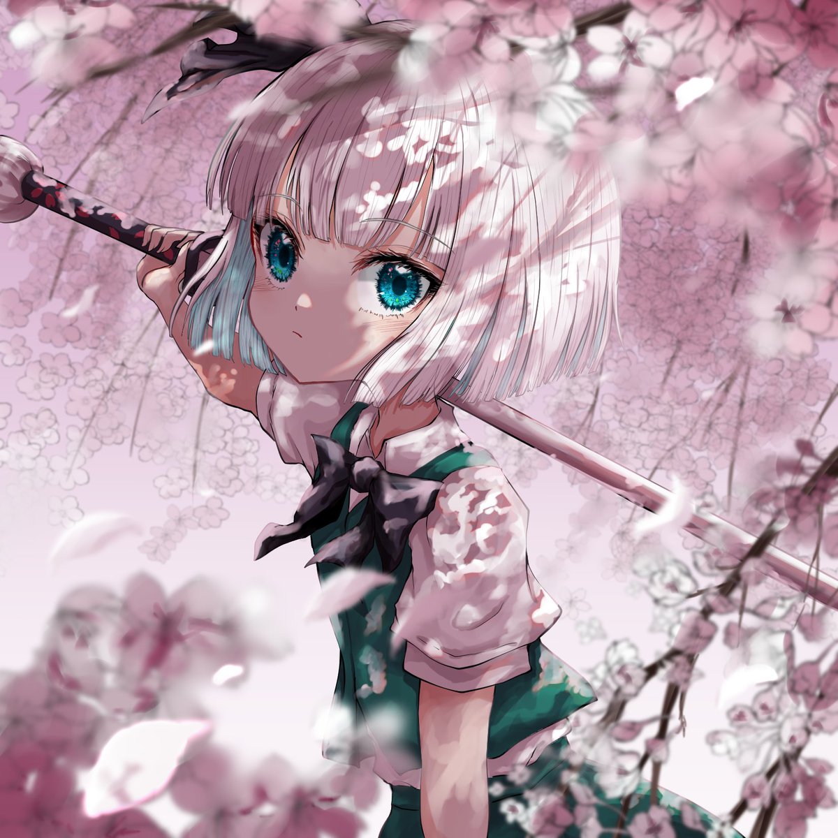 konpaku youmu 1girl solo weapon short hair cherry blossoms sword short sleeves  illustration images