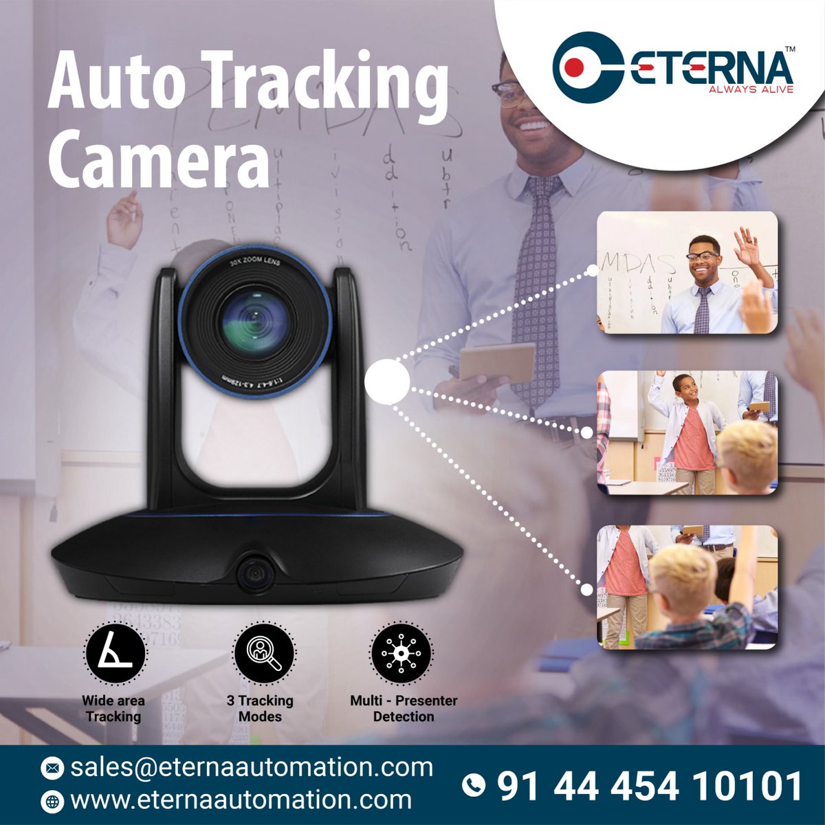 EternaBuilAuto's tweet image. Exclusive algorithms enable to automatically track a presenter’s face and movements. 
eternaautomation.com 
📞 91 44 454 10101 
  #eternabuildingautomation   #autotrackingcamera #attendancesystem  #smarthome #smartappliances #thermalimaginebiometric  #facialrecognitionsystem