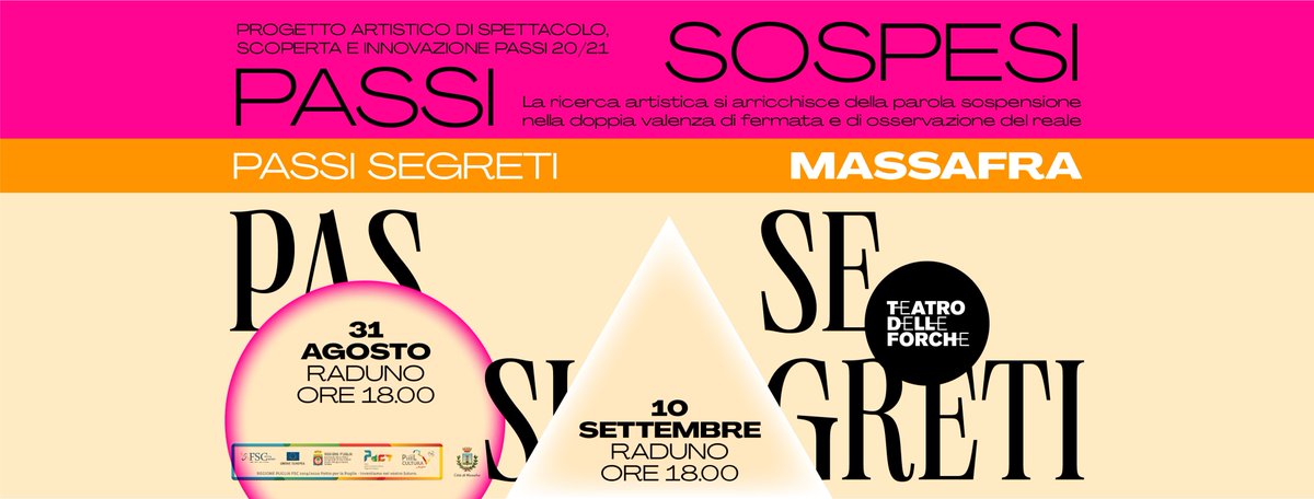 teatroleforche's tweet photo. PASSI SEGRETI - Incerti confini
A Massafra, il 31 agosto e il 10 settembre, l'VIII edizione della nostra rassegna di teatro dei luoghi. Raduno al Teatro Comunale (Piazza Garibaldi) alle ore 18. 
Posti limitati e prenotazione obbligatoria (0998801932/info@teatrodelleforche.com). https://t.co/SBxIVI0ZSS