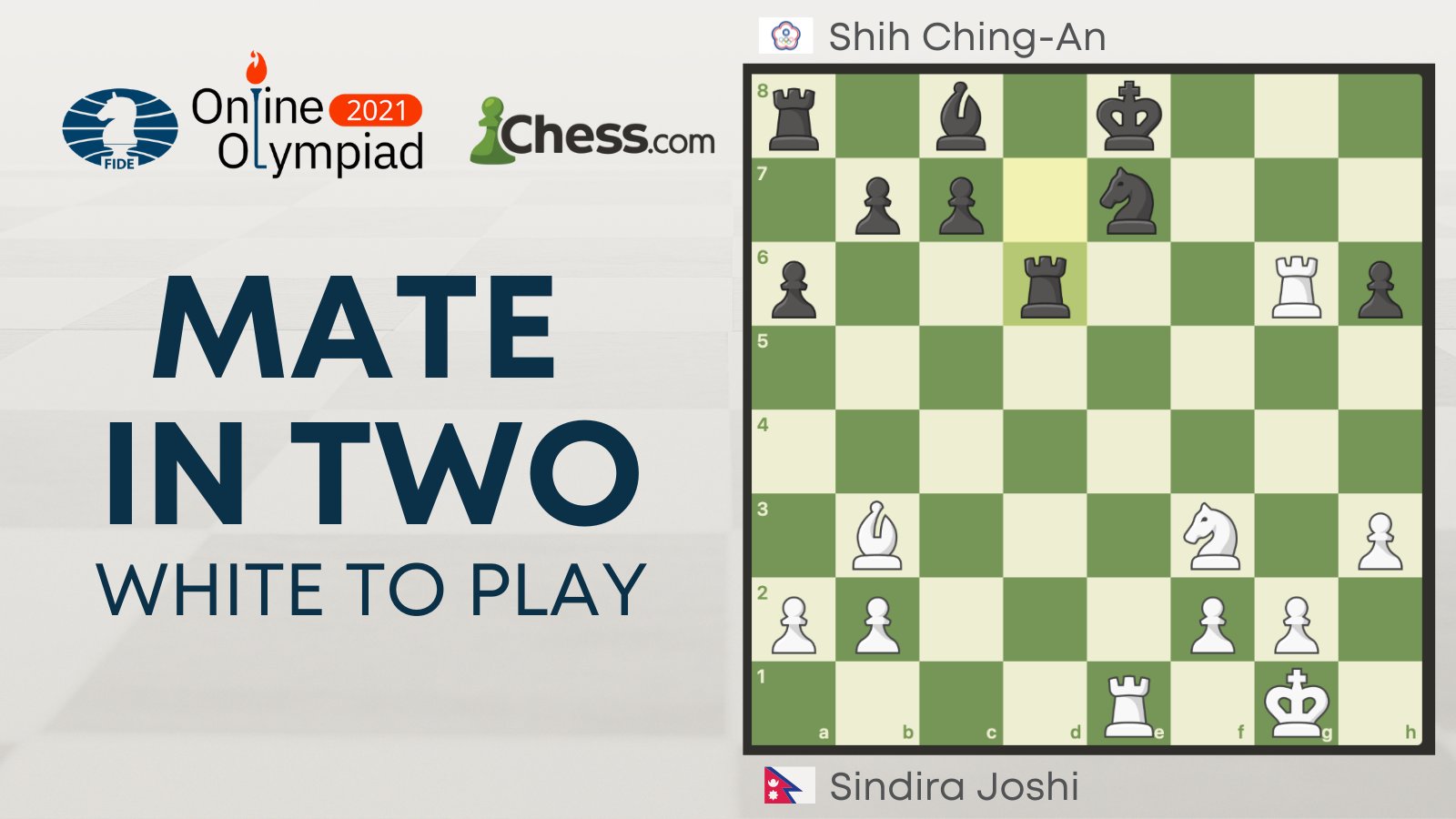 International Chess Federation on Twitter: "A nicely executed mate by  Sindira Joshi (Nepal) against Shih Ching-An (Chinese Taipei). White to play  and mate in two. Can you spot it? #ChessOlympiad #Nepal #ChineseTaipei