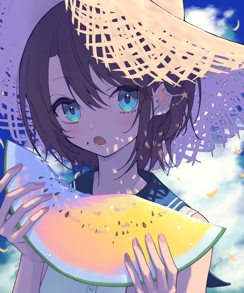 oozora subaru 1girl watermelon food hat solo fruit short hair  illustration images