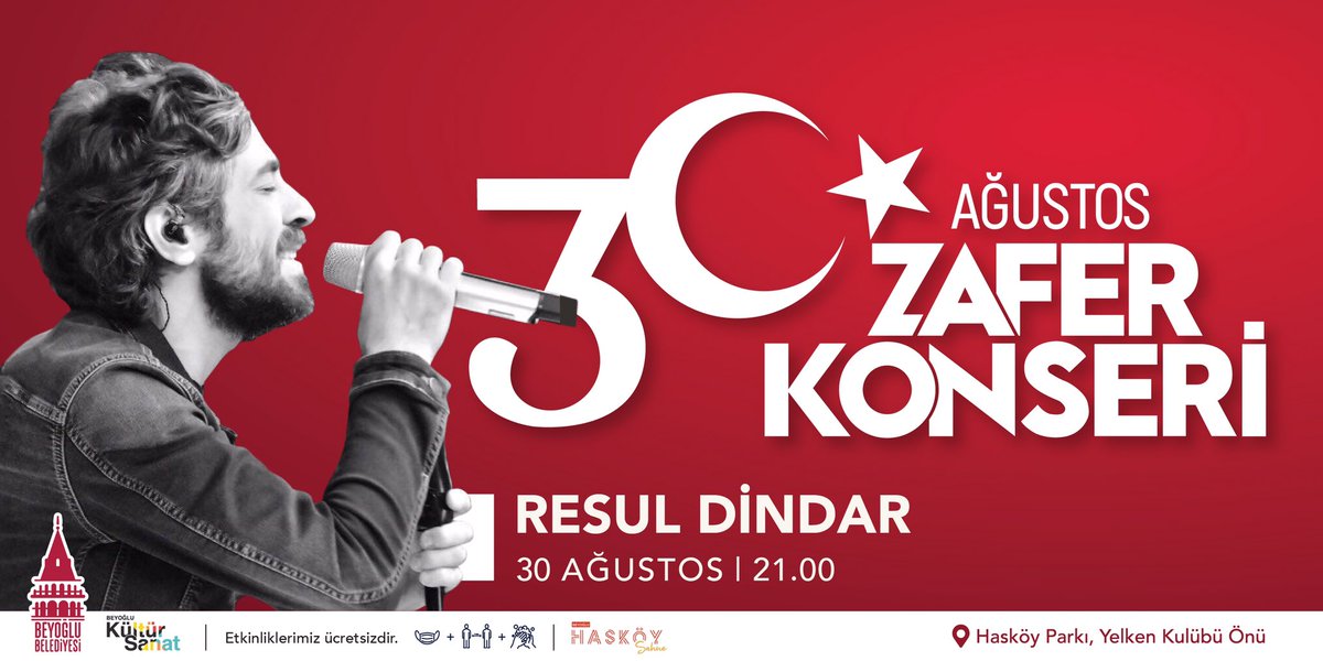 #30AğustosZaferBayramı’nın 99. yılında, #HasköySahne’de, @resuldindar konserinde buluşuyoruz.🎶 Gazi Mustafa Kemal Atatürk'e ve silah arkadaşlarına saygı, minnet ve rahmetle…🇹🇷 🗓️30 Ağustos Pazartesi ⏰21:00 📍Hasköy Sahil