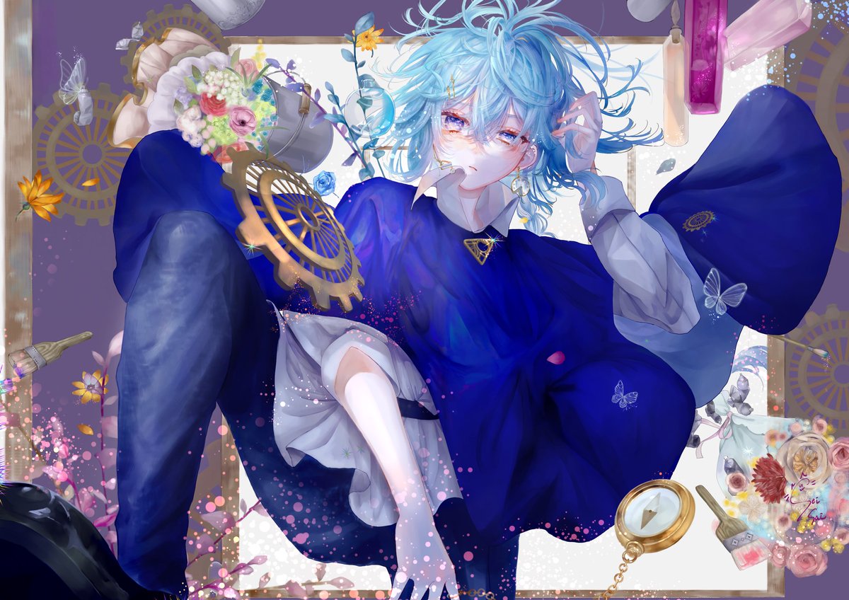 male focus flower blue hair 1boy butterfly solo blue eyes  illustration images