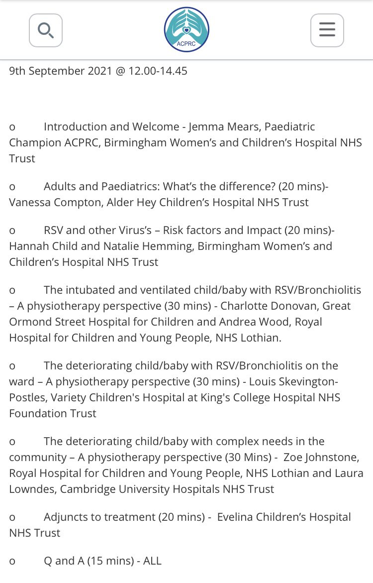 TheACPRC's tweet photo. ⭐️ Exciting news! We are running a #paeds #RSV study day on Physio perspectives on recognising &amp; managing the sick child 9/9/21 online 12:00-14:45 head to our website to sign up https://t.co/rTK40EcbVs https://t.co/MmXCmj94lM