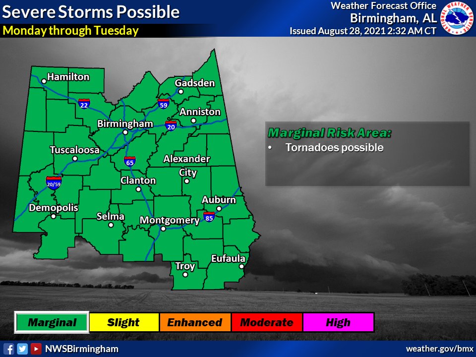 NWSBirmingham's tweet photo. 10AM #Ida Update: Ida is still expected to strengthen rapidly over the next 24 hrs &amp; be a major hurricane at landfall. Please see the attached graphic for expected impacts in Central AL. In addition, heavy rain combined with breezy conditions could cause some downed trees. #alwx https://t.co/5bbXm761PD