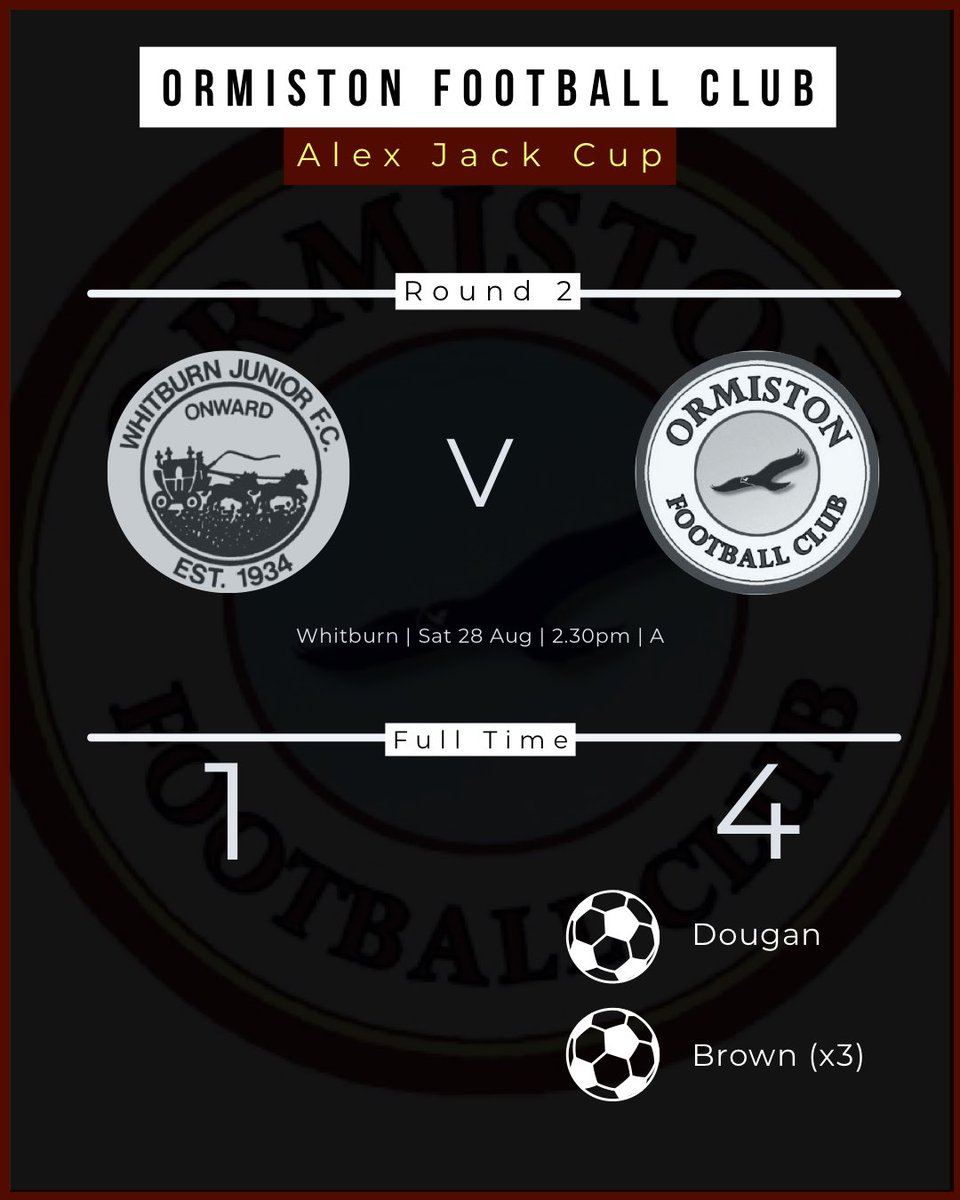 MATCH UPDATE | Full Time

Whitburn 1-4 Ormiston

⚽️⚽️⚽️ Sean Brown
⚽️ Adam Dougan (<a href="/SerotoningFit/">Serotoning Fitness</a>)

Ormiston progress to the next round of the Alex Jack Cup!