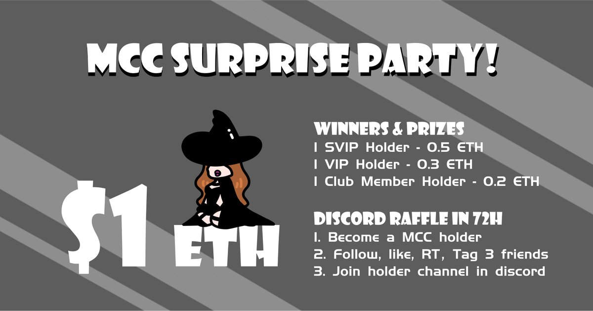 MissCryptoClub's tweet photo. MCC Surprise Party!!!

1 ETH giving away to 3 of our holders!

- Follow @misscryptoclub 
- Like, RT, Tag 3 friends
- Mint: https://t.co/yKBBQgb4rO
- Join: https://t.co/Z7us1XlhFy

Discord holder channel raffle in 72H!

#nft #nfts #nftcommunity https://t.co/yOyqVDovJq
