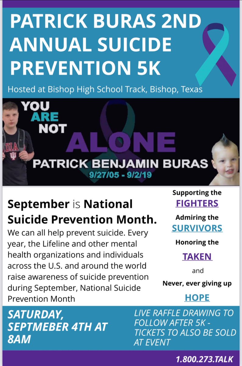 toritrigo's tweet photo. 3 6 1 !!!!
My brothers 2nd annual suicide prevention 5k is this UPCOMING SATURDAY, September 4th at Bishop High Schools Track - 8AM!
This event is for anyone who has survived suicide, wants to honor anyone lost to suicide, or support the ones fighting in silence.
@kiii3news https://t.co/7J12sh8iGQ