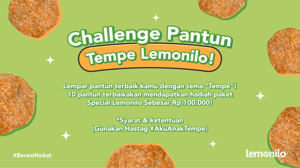 lemonilo's tweet photo. 🥳Surprise Giveaway 10 Paket Lemonilo Spesial #AkuAnakTempe🥳

Caranya gampang banget nih Lemonizen! Buat pantun terbaik kamu dengan tema ‘Tempe’, lalu pake hashtag #AkuAnakTempe.
 
Jangan lupa follow @lemonilo, RT, dan Like tweet ini.

GASKEUUN LEMONIZENQUE~ https://t.co/HCJ4Z607mv