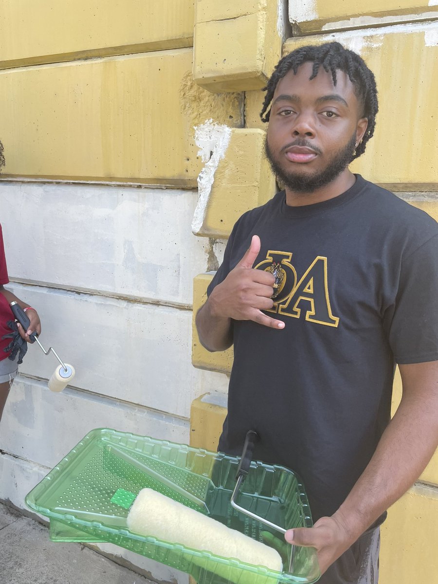 The Greeks are out doing community service as we touch up the <a href="/WestVirginiaU/">WVU Mountaineers</a> “Let’s Go Mountaineers” wall on University Ave! 💛💙