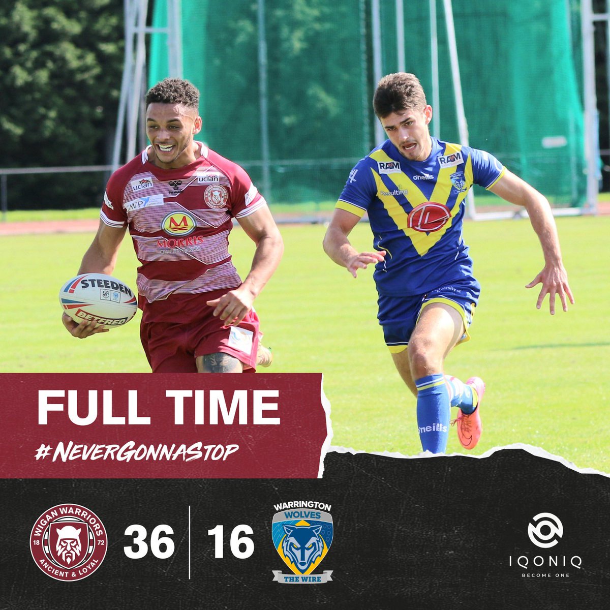 ⏱ FULL TIME | Wigan Warriors U19s 36-16 Warrington Wolves U19s 

Academy run in seven tries at Robin Park Arena to beat Wolves.

#NeverGonnaStop 🍒⚪️ #WWRL