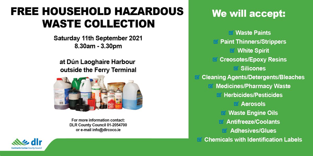 We are holding a FREE household hazardous waste collection day on Saturday the 11th of September at Dún Laoghaire Harbour. Contact us by phone or email for more info! 🗑️ 🚯 🗑️