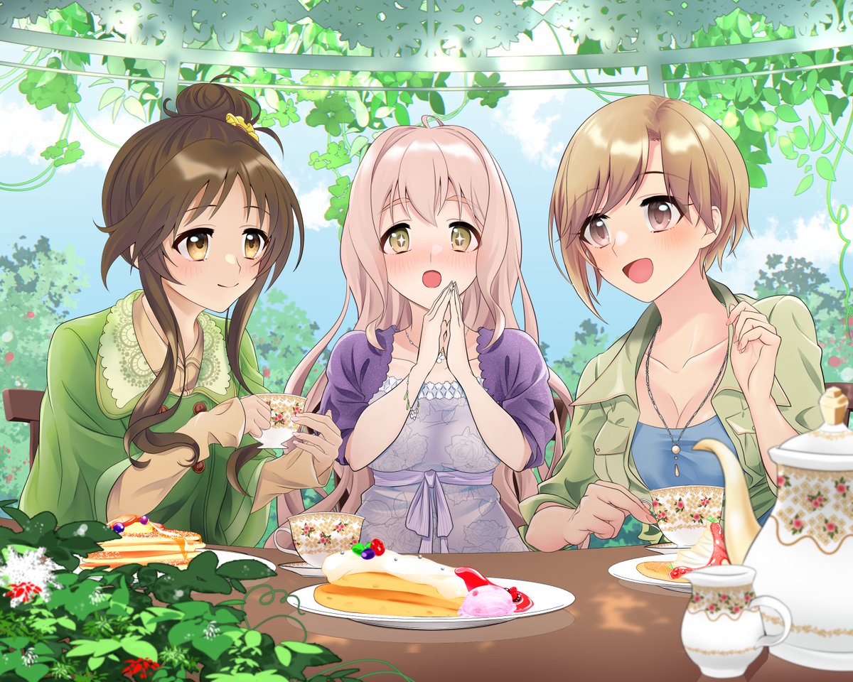 takamori aiko multiple girls 3girls food brown hair single hair bun smile long hair  illustration images