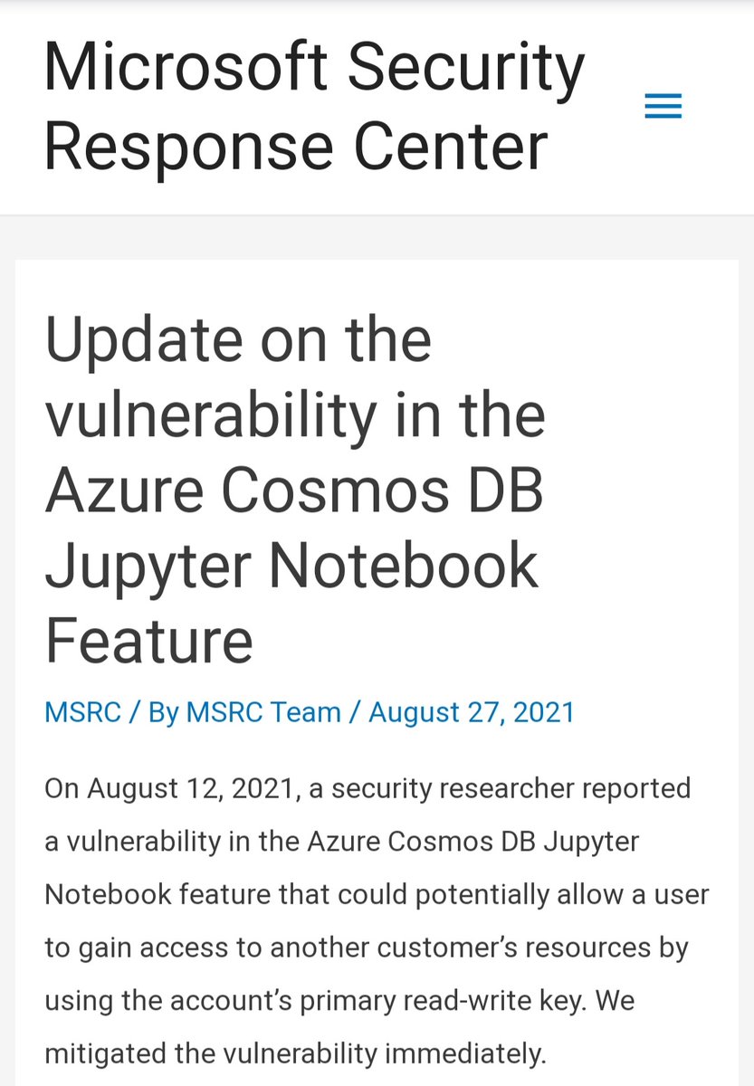 41thexplorer's tweet photo. Vulnerabilities aren't @FriendsTV episodes. You can't name them "The one in the Azure CosmosDB Jupyter Notebook feature". How will we refer to the next one?
@msftsecresponse didn't mention #ChaosDB, that we chose to help the community. #CloudCVE is needed.
https://t.co/lXJpIcz5mn https://t.co/88mj4aa6dI