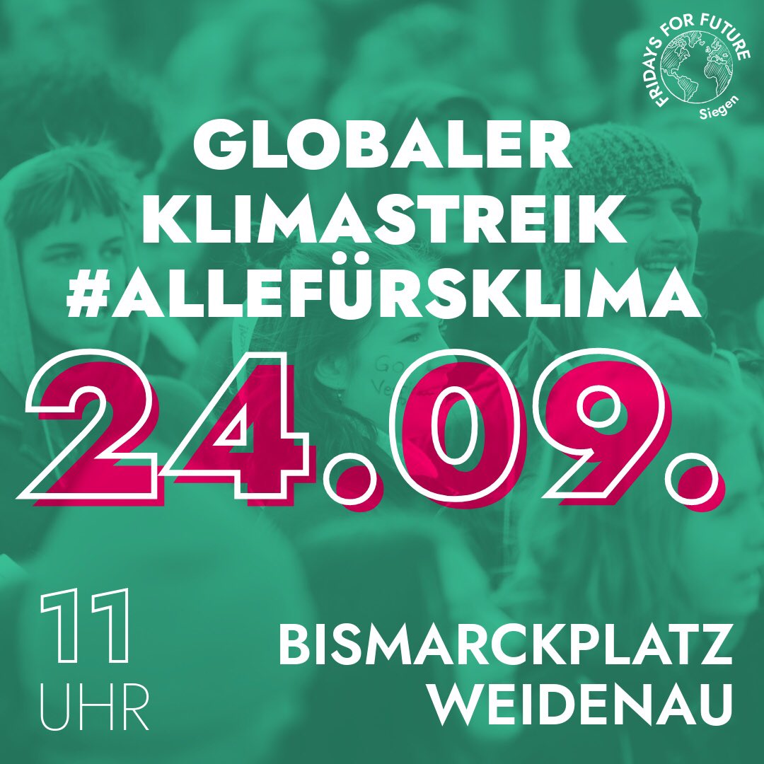 💥 GLOBALER KLIMASTREIK AM 24.09.! 💥
⠀
Seid diesen September in Siegen mit dabei! #AlleFuersKlima 

💚11:00 Treffen Bismarckplatz Weidenau
💚11:30 Loslaufen
💚Zwischenkundgebung BlueBox
💚Hauptkundgebung und Ziel am Marktplatz ab 13 Uhr
💚Einladung zum Klimacamp ab 14:00 Uhr