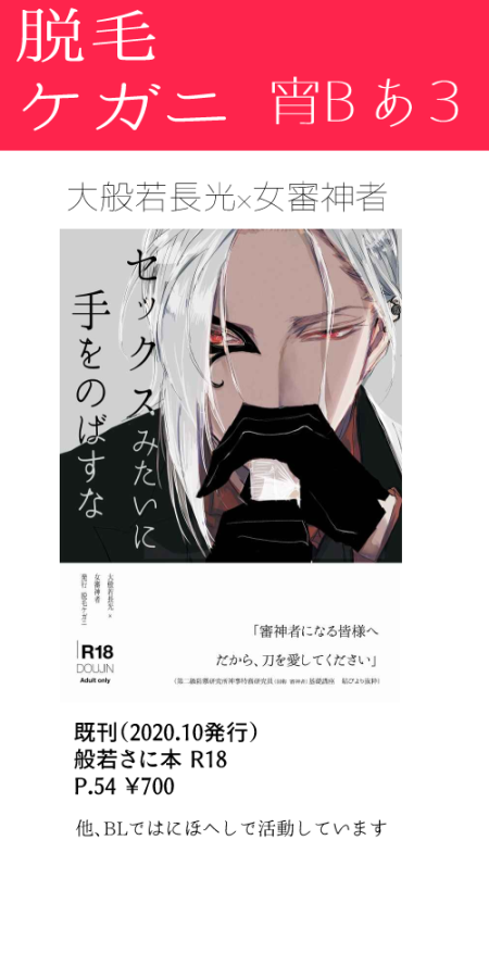 8/29 女審神者webイベントに参加いたします。新しいものが用意できなかったので、既刊の般若さにのみですが…どうぞよろしくお願いします。 スペース 宵Bあ3「脱毛ケガニ」 既刊サンプルはこちらです。  #さにイベ宵