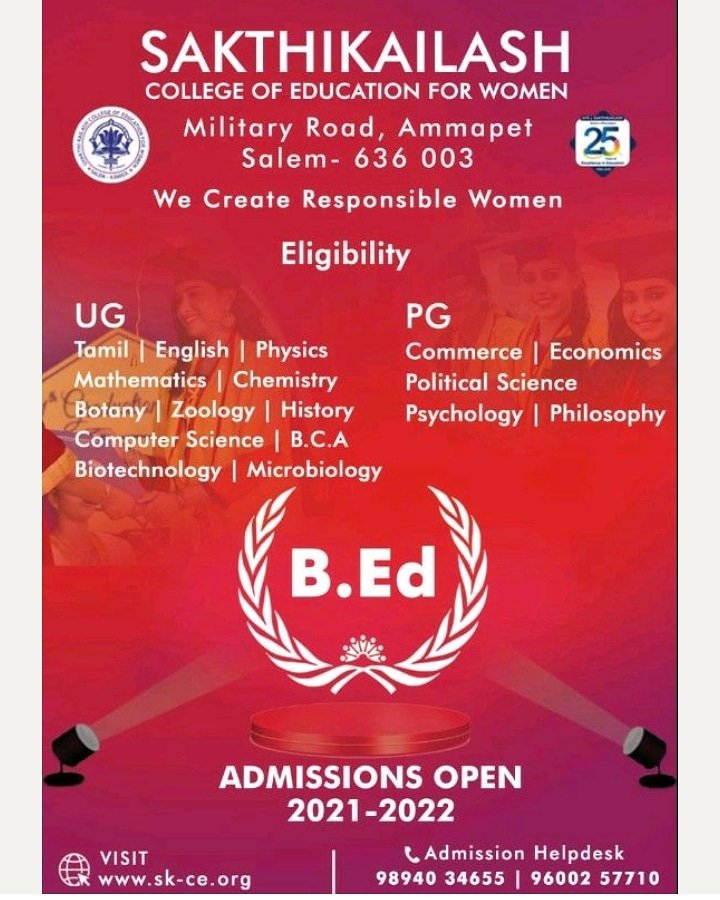 PgcsSswc's tweet photo. *Shri Sakthikailassh Women's College, Salem*
Creates Responsible Women
 *Online Admissions Link*
https://t.co/Mg1gM4T2gb
 *Visit* 
https://t.co/J99vYBZCqn
 *Contact*
9894034655
9600257710
#AdmissionsOpen2021 
#MySakthikailassh
#MyPride
#ExcellenceInEducation 
#FollowUs https://t.co/Zfey7qj6JS