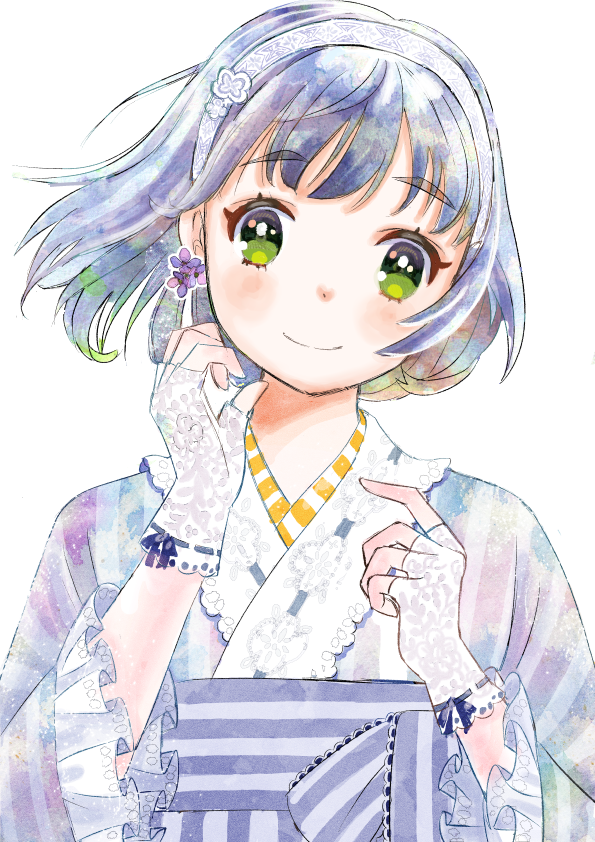 1girl solo gloves japanese clothes green eyes smile kimono  illustration images
