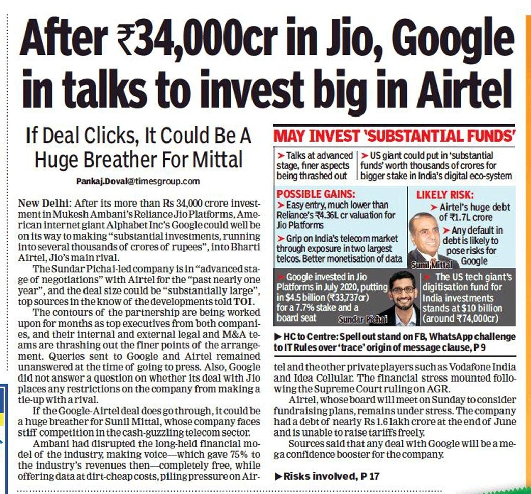 girishjohar's tweet photo. We are on the cusp of being #Googlefied ... #Telecom #Digital
#TOI https://t.co/iq9jRsly2k