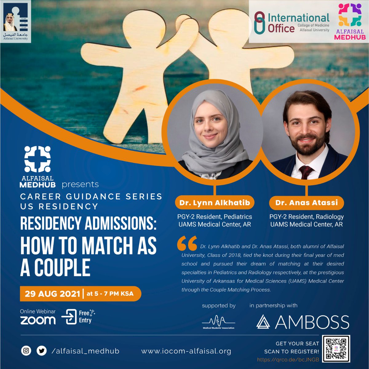 alfaisal_medhub's tweet image. Bringing to you our Career Guidance Series (CGS), in partnership with @ambossmed! 

"Residency Admissions: How to Match as a Couple" by our dear graduates Dr. Anas Atassi  and Dr.Lynn Alkhatib, PGY-2 Residents  at UAMS Medical Centre, AR

#Match2022 #medtwitter
#ERAS2022 #NRMP