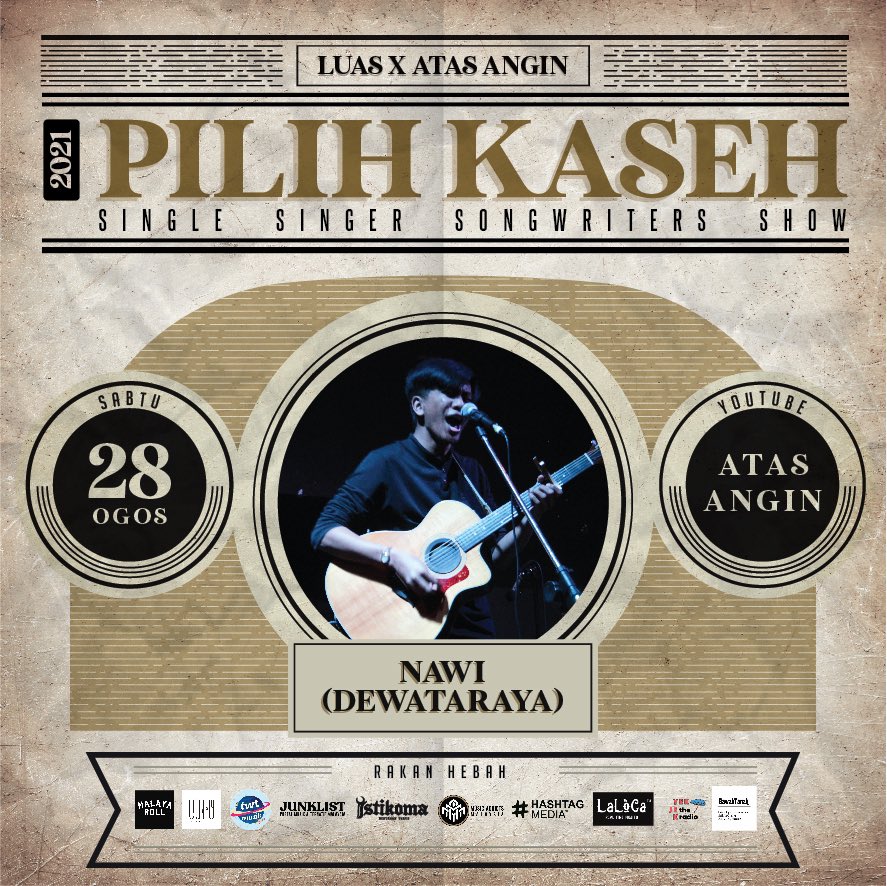 Jom semua! Malam ni 9pm ada acara atas talian “Pilih Kaseh” oleh <a href="/my_luas/">LUAS</a> dan <a href="/_atasangin/">Atas Angin MY</a> . Vokalis kami, <a href="/nawizik/">Nawi Zharif</a> akan mainkan lagu baru kami.

Link: youtu.be/SNBRggE2kUg

Jom ramai ramai tengok! Banyak lagi artis lain yang ada. Esok pun ada. So kita layan dua dua malam ok?