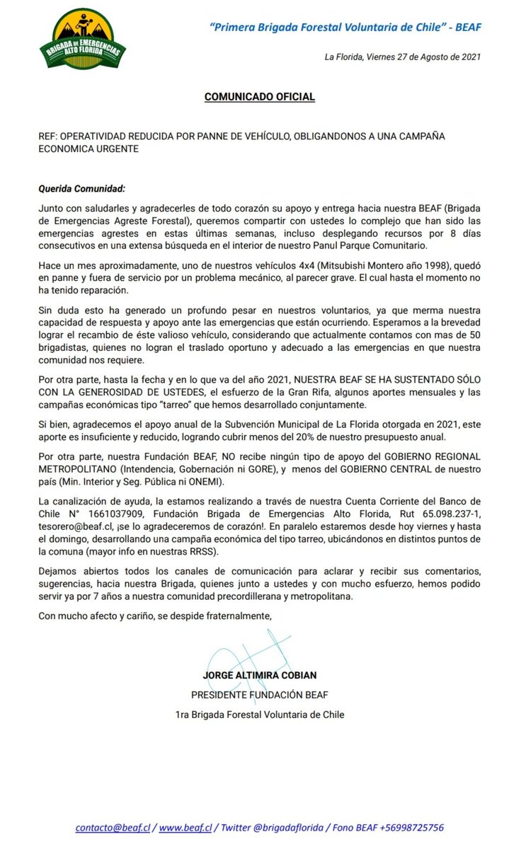 brigadaflorida's tweet photo. 📣 Comunicado oficial OPERATIVIDAD REDUCIDA POR PANNE DE VEHÍCULO, OBLIGÁNDONOS A UNA CAMPAÑA ECONÓMICA URGENTE.

cc @GobiernodeChile @sebastianpinera @min_interior @RodrigoDelgadoM @GobiernoRM @Orrego @onemichile @MuniLaFlorida @rodolfocarter @COREsantiago @parquepanul https://t.co/wqxQUQspCg