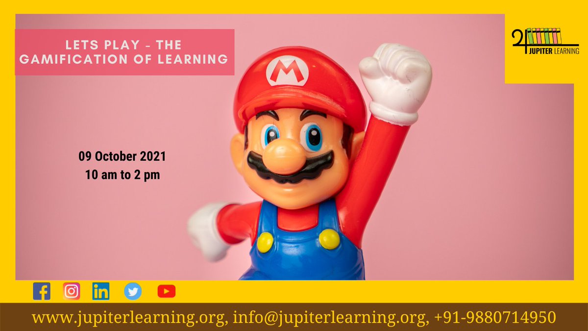 JupiterLearning's tweet photo. Let's Play - Workshop on Gamification of Learning will be conducted on 09 October 2021
Timings : 10 am to 2 pm IST
For more details call us on 9880714950 or contact us on info@jupiterlearning.org
https://t.co/xXRWbKRPoz
#gamification #learning #workshop #jupiterlearning https://t.co/P0ymmPW15n