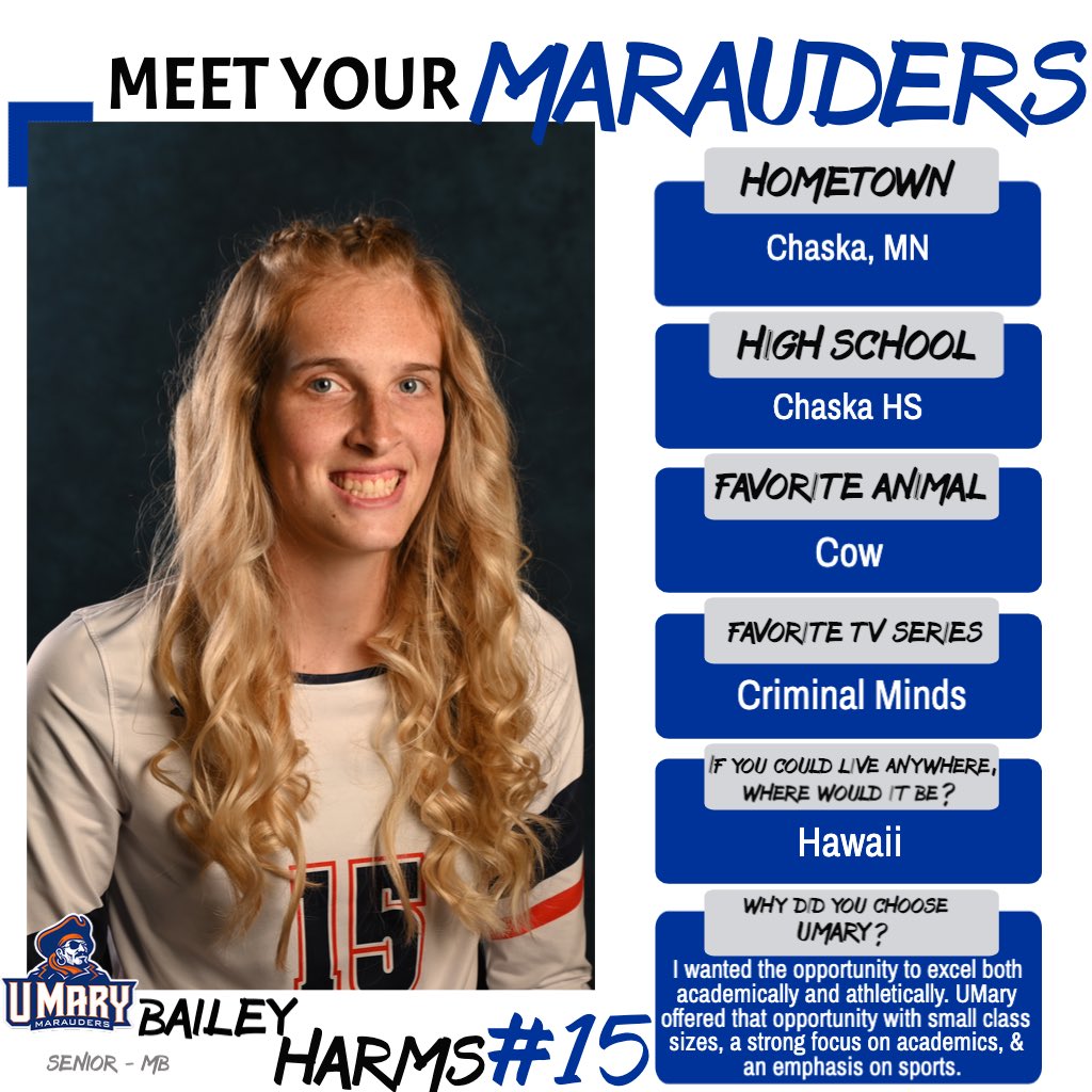UMary_VB's tweet photo. Next up for Meet Your Marauders is senior MB, Bailey Harms, from Chaska, MN! 🧡🏐💙
#GRACE #hooksup https://t.co/lSwG2dnBvo