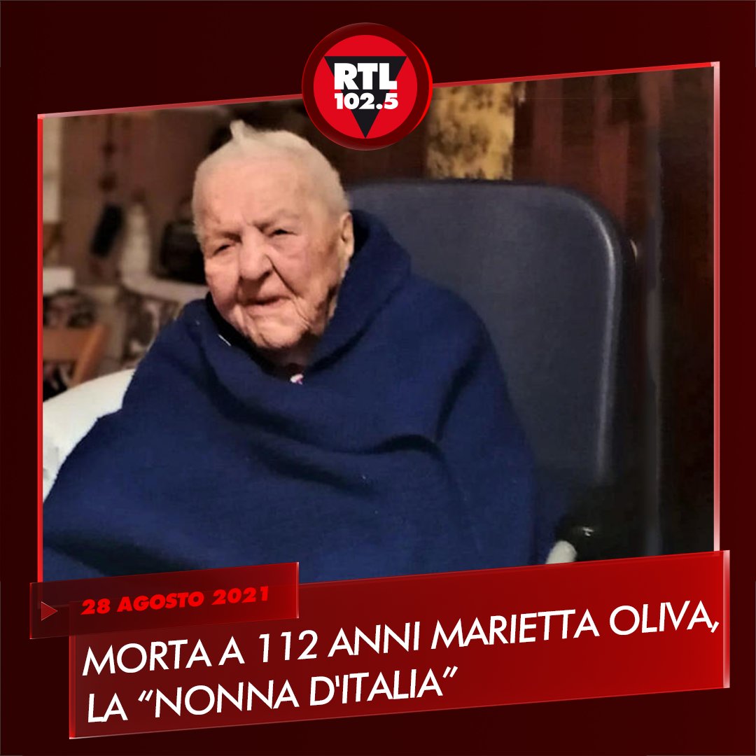 rtl1025's tweet photo. 💔 Aveva spento le candeline per festeggiare i suoi 112 anni il 16 aprile scorso. #MariaOliva, conosciuta come Marietta, è morta in provincia di Enna, dove era nata e sempre vissuta. La nonna più anziana d'#Italia ha avuto otto figli e 58 tra nipoti e pronipoti https://t.co/ivmOEt42If