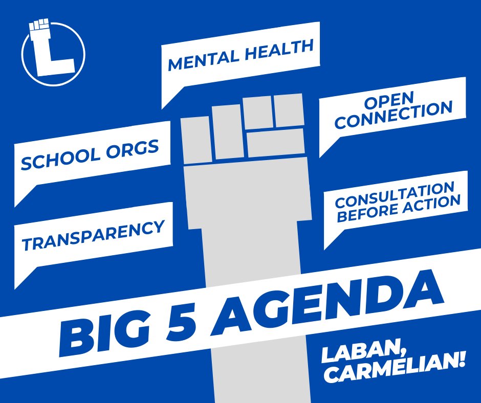 LABAN_MCS's tweet photo. ANONG GAGAWIN NG LABAN 'PAG NANALO?

Introducing, the BIG 5 Agenda. Ang LABAN may plano. LABAN para sa Pagbabago ✊

#IbaNaman
#LabanCarmelian
#LetLabanLead https://t.co/5aL13Fbf0Q