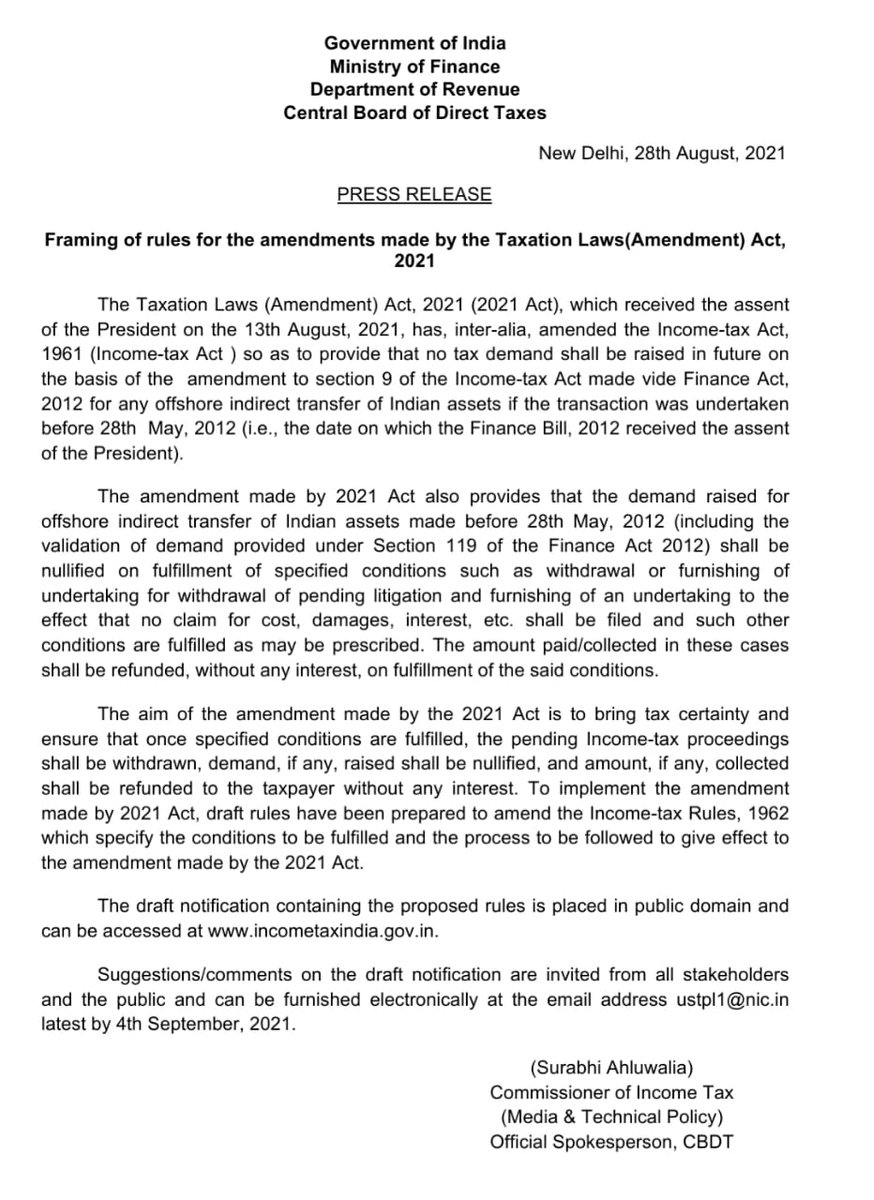 Income Tax India (@incometaxindia) on Twitter photo CBDT invites comments on the draft notification for framing of rules for the amendments made by the Taxation Laws(Amendment) Act, 2021. Suggestions can be furnished at ustpl1@nic.in latest by 4th September, 2021.
Draft notification is available at:
incometaxindia.gov.in/Lists/Latest%2… CBDT invites comments on the draft notification for framing of rules for the amendments made by the Taxation Laws(Amendment) Act, 2021. Suggestions can be furnished at ustpl1@nic.in latest by 4th September, 2021.
Draft notification is available at:
incometaxindia.gov.in/Lists/Latest%2…