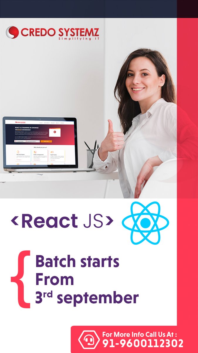 credosystemz's tweet photo. React JS New Batch Starts on 03rd Sep 2021 

React JS course syllabus: https://t.co/haD3Sk6Zep

Call Now  +919600112302

#Reactjs #javascript #programming #coding #developer #programmer #vuejs #angular #reactjstraining #Onlinetraining #placements #freshers  #jobs #Credosystemz https://t.co/5iqip47mCV