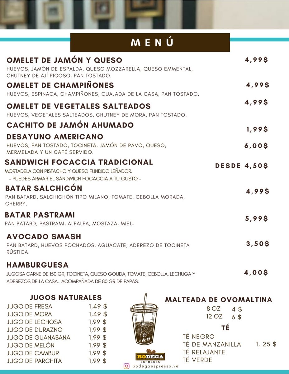 GastroValencia's tweet photo. "BODEGA ESPRESSO" un café de especialidad, donde el cafe y su aramo es el protagonista, además puedes desayunar sabroso, o almorzar uma hamburguesa suculenta, aqui les dejo el menú para que se animen  porque también el ambiente es acojedor. https://t.co/qRw4xJWLNI