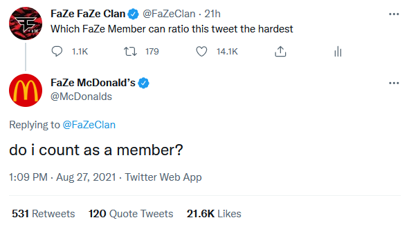 FaZeClan's tweet photo. Still can't believe we got ratiod by FaZe McDonald's https://t.co/b2YQyudvmp