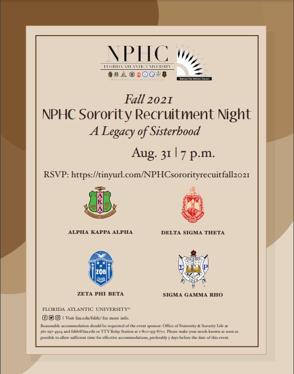 Are you interested in joining an NPHC organization and want to  know more about Greek Life?  Come and meet us at FAU’s Virtual Recruitment Night on 8/31 7pm. RSVP on Owl Central to receive the link for the meeting.  Business casual dress is required.  Hope to Skee you soon. 💕💚