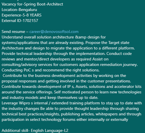denovosoftsol's tweet image. #denovojobs
Vacancy for-Spring Boot-Architect
Location-Bengaluru
Experience-5-8 YEARS
External ID-1702157
Send resume – career@denovosoftsol.com
#APIManagement #JavaEnterprise  #SpringBoot #SpringBootArchitect #Microservices #SQL #NoSQL  #ApacheConfluentKafka #webframework