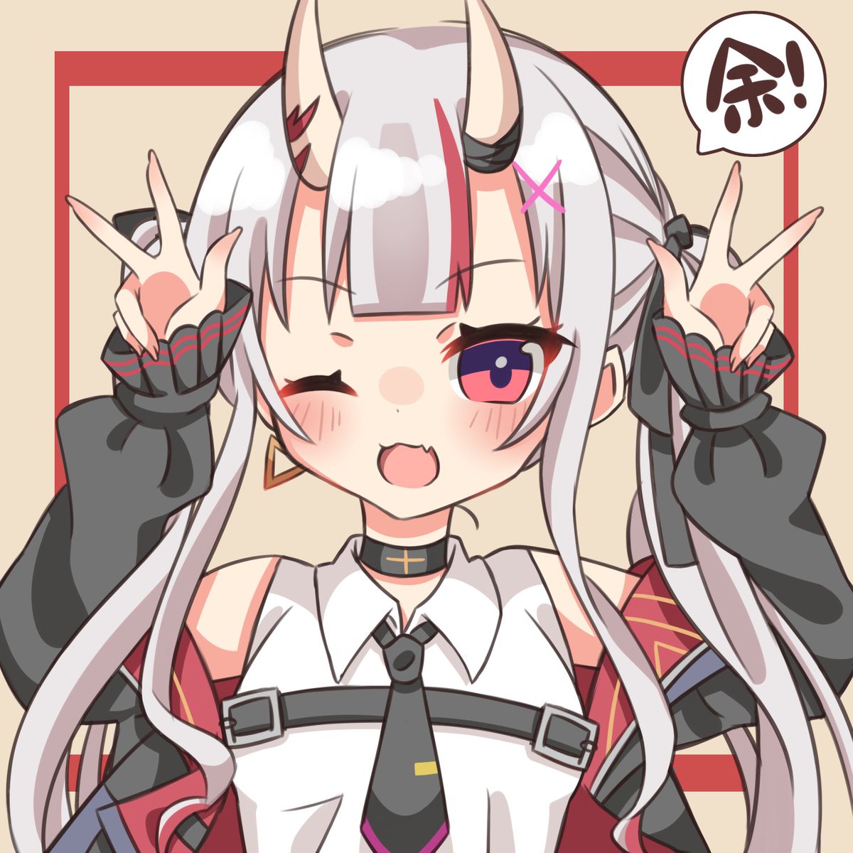 nakiri ayame 1girl one eye closed horns solo red eyes oni horns streaked hair  illustration images