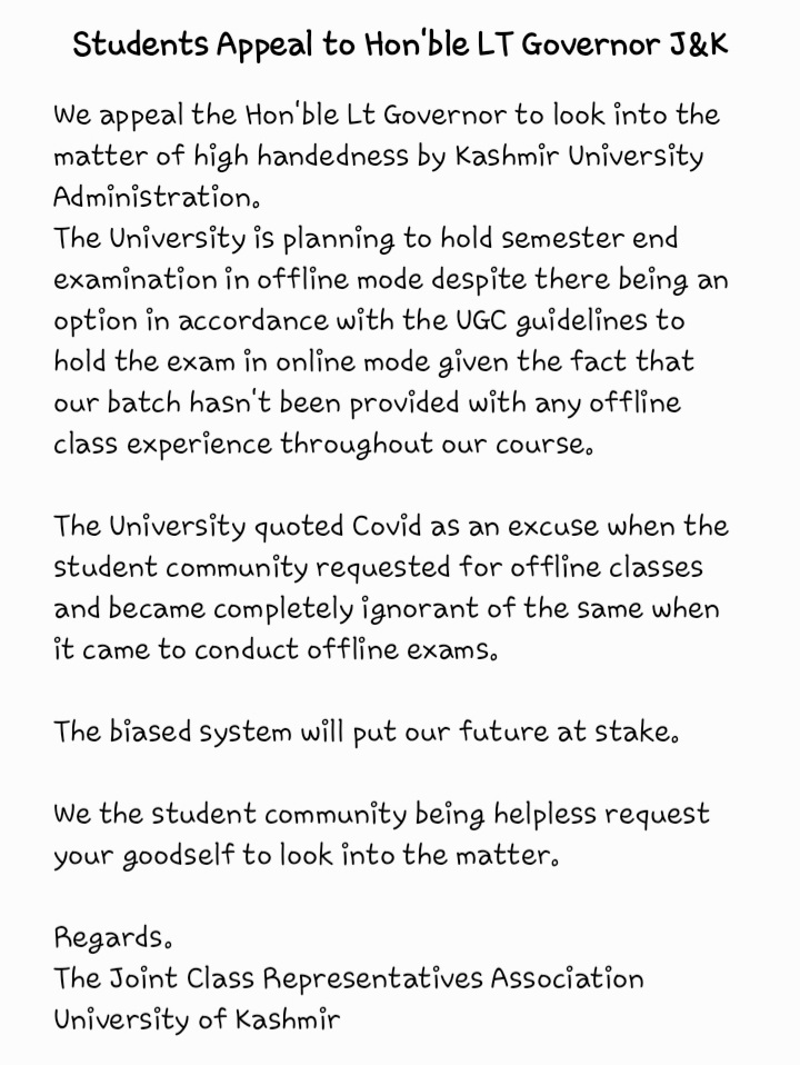 CrAssociationKU's tweet photo. @OfficeOfLGJandK  @ugc_india @DivisionalComm1 @KmrUniversity @GreaterKashmir @GulistanNewsTV
@JKgrievance @AzeetaQureshi @Hr_Educationjk @DailyExcelsior1
@AsadamAijaz @EduMinOfIndia
@PMOIndia @GMKashmir
#KUOnlineExam https://t.co/pqcooP3AnJ