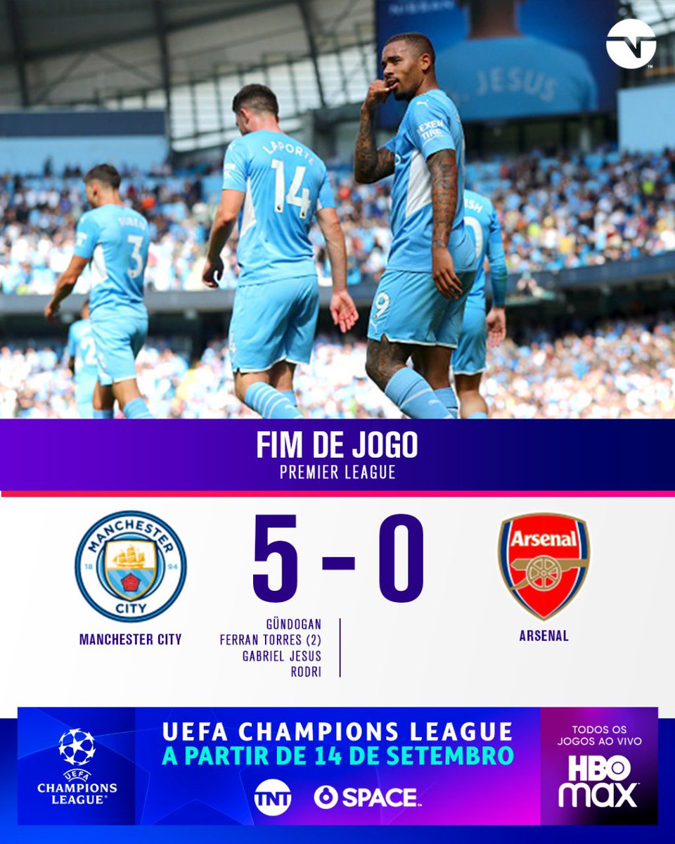 TNT Sports BR on X: É… o Arsenal não teve nem chance! Mais uma goleada do  Manchester City, que assume a liderança da Premier League no momento. A  maior Champions de todos