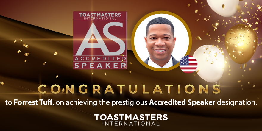Toastmasters's tweet photo. Congratulations to Forrest Tuff, the newest Accredited Speaker. To learn more about the Accredited Speaker Program, visit https://t.co/34r0XD3AbT.
#TIWorldOfDifference https://t.co/791jzUwSbd