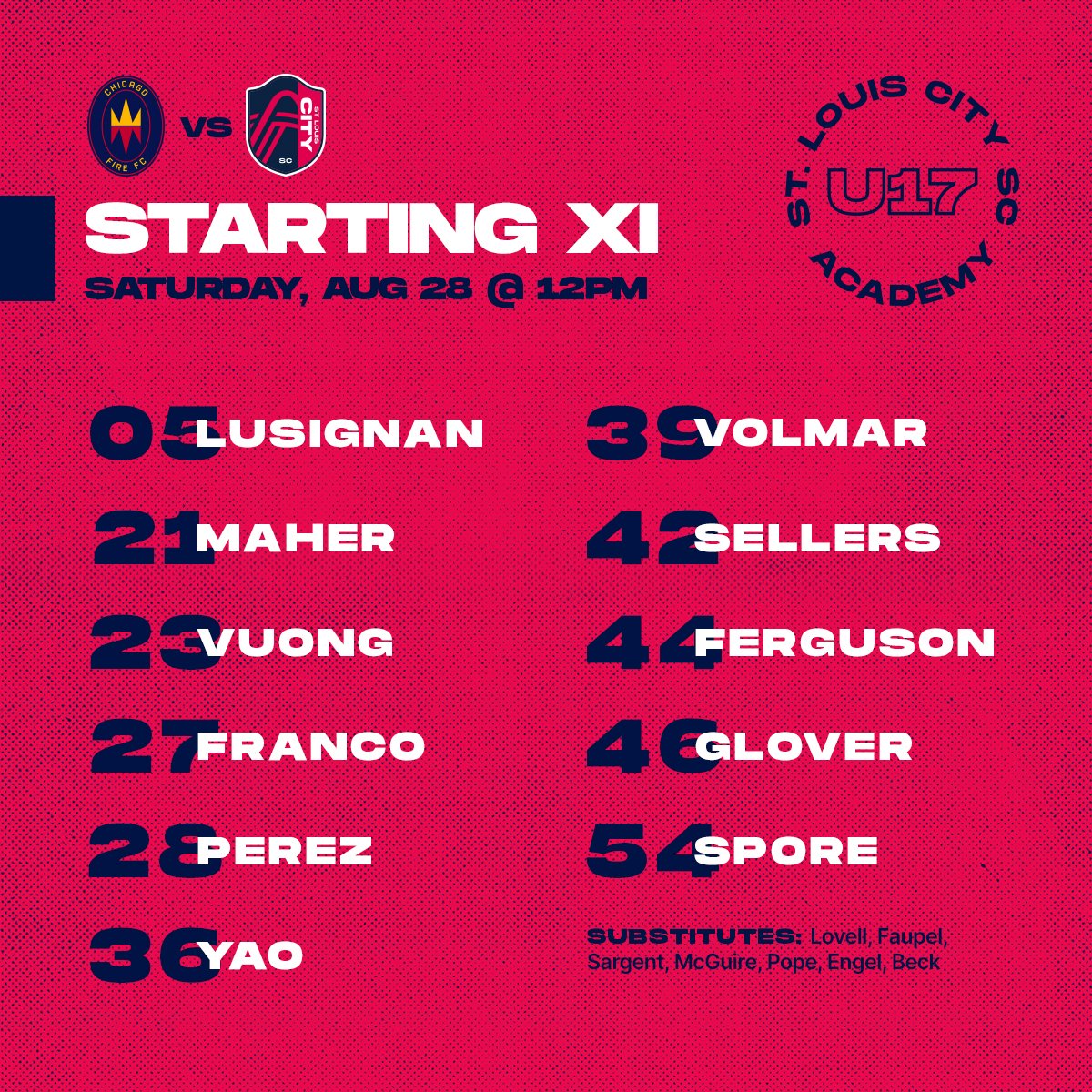 We’ve been waiting a long time to say this: 

Here is your Starting XI, STL 💪

Let’s do this, U17 squad! 

#CHIvSTL #OneTeamOneCITY