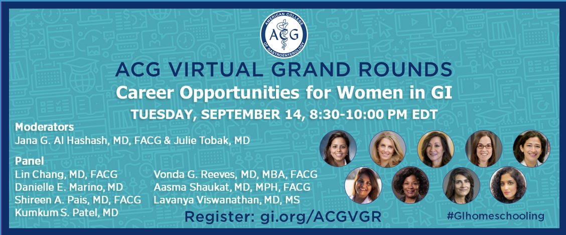 Lizzie Aby, MD (@lizzieabymd) on Twitter photo Excited for this upcoming <a href="/AmCollegeGastro/">ACG</a> Virtual Grand Rounds on Career Opportunities for Women in GI featuring an amazing panel, including <a href="/AasmaShaukatMD/">Aasma Shaukat MD MPH</a> <a href="/LinChangMD/">Lin Chang</a> & many other great role models!
🗓️9/14/21
⏰8:30-10p EST
Sign up gi.org/ACGVGR
#womeninGI #GITwitter Excited for this upcoming <a href="/AmCollegeGastro/">ACG</a> Virtual Grand Rounds on Career Opportunities for Women in GI featuring an amazing panel, including <a href="/AasmaShaukatMD/">Aasma Shaukat MD MPH</a> <a href="/LinChangMD/">Lin Chang</a> & many other great role models!
🗓️9/14/21
⏰8:30-10p EST
Sign up gi.org/ACGVGR
#womeninGI #GITwitter