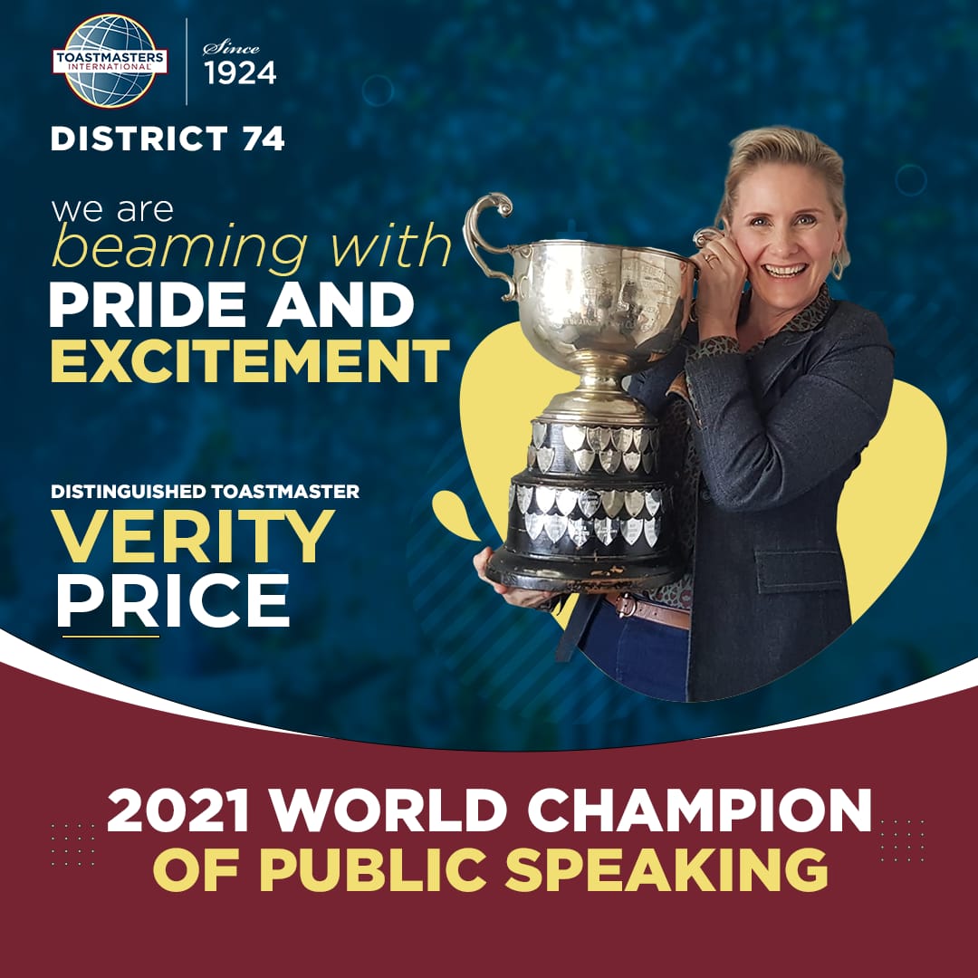 TMI74's tweet photo. *DISTINGUISHED TOASTMASTER VERITY PRICE WINS THE 2021 WORLD CHAMPIONSHIP OF PUBLIC SPEAKING*
Toastmasters Southern Africa (District 74) is excited to announce that Distinguished Toastmaster Verity Price has won the 2021 World Championship of Public Speaking today, 28 August 2021 https://t.co/9TPjKNHVIK